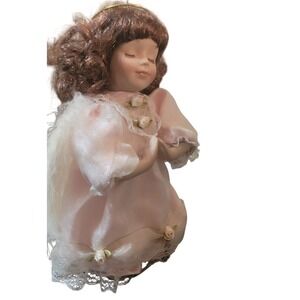 Vintage Angel Porcelain Doll Praying on Knees Pink Dress Gold Halo Feathers